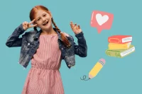 Abbildung eines Mädchens mit Jeansjacke, das das Victory-Zeichen zeigt