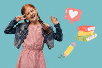 Abbildung eines Mädchens mit Jeansjacke, das das Victory-Zeichen zeigt