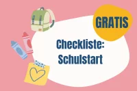 Illustration von Stiften und einem Schulranzen mit dem Text Gratis Checkliste Schulstart