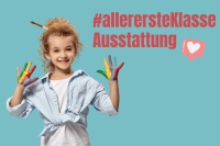 Abbildung eines Mädchens mit Pinsel in den Haaren und Malfarbe an den Fingern neben den Worten allerersteKlasse Ausstattung