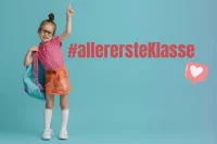 Abbildung eines Mädchens mit Brille und Schulranzen sowie dem Hashtag #allerersteKlasse