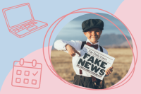 Abbildung eines Zeitungsjungen, der auf die Schlagzeile zeigt, welche Fake News lautet