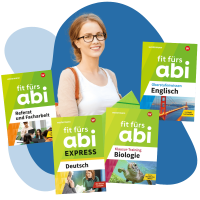 Abiturientin mit Arbeitsmappe und Schulbuchcovern der Reihe Fit fürs Abi