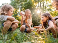 Kinder sitzen im Wald und schauen sich einen Schmetterling im Glas an