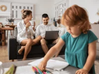 Eltern sitzen hinter ihrem malenden Kind auf dem Sofa und planen den Tag