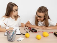 ZWei Mädchen bauen eine Zitronen-Uhr und machen Notizen zu ihrem Experiment