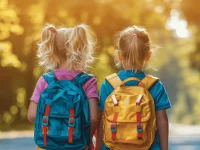 Zwei Mädchen mit Schulranzen auf dem Rücken sind auf dem Weg zur Schule von hinten zu sehen