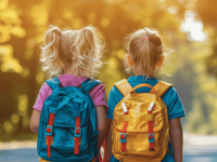 Zwei Mädchen mit Schulranzen auf dem Rücken sind auf dem Weg zur Schule von hinten zu sehen