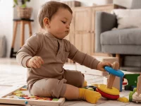 Ein Baby sitzt auf dem Boden und baut aus bunten Ringen einen Turm