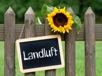 "Landluft" auf Kreidetafel mit Sonnenblume und Holzgartenzaun