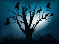 Ein skelettierter Baum mit Krähen in der Nacht